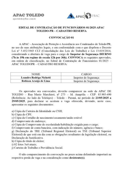 CONVOCAÇÃO 001 - EDITAL 001-2025 - CADASTRO RESERVA - INSPETORES DE SEGURANÇA